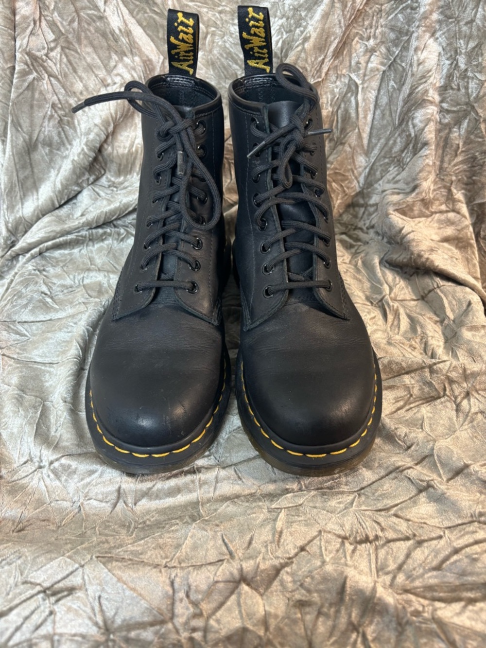 Dr.‎ Martens Black Leather Lace-Up Boots with Yellow Stitching